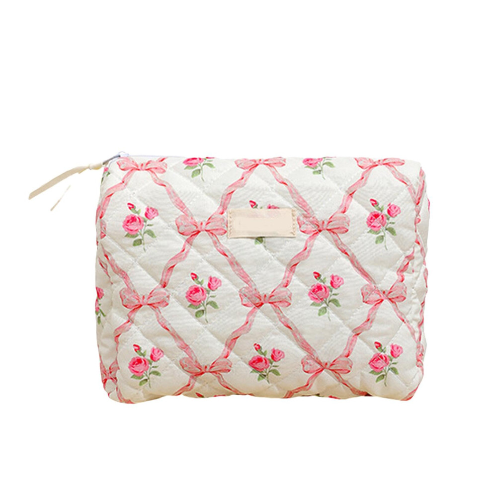 Pink Cotton Quilted Makeup Bag Handheld Model Portable Travel Cosmetic Bag Quilted Toiletry Bag Floral Makeup Organizer