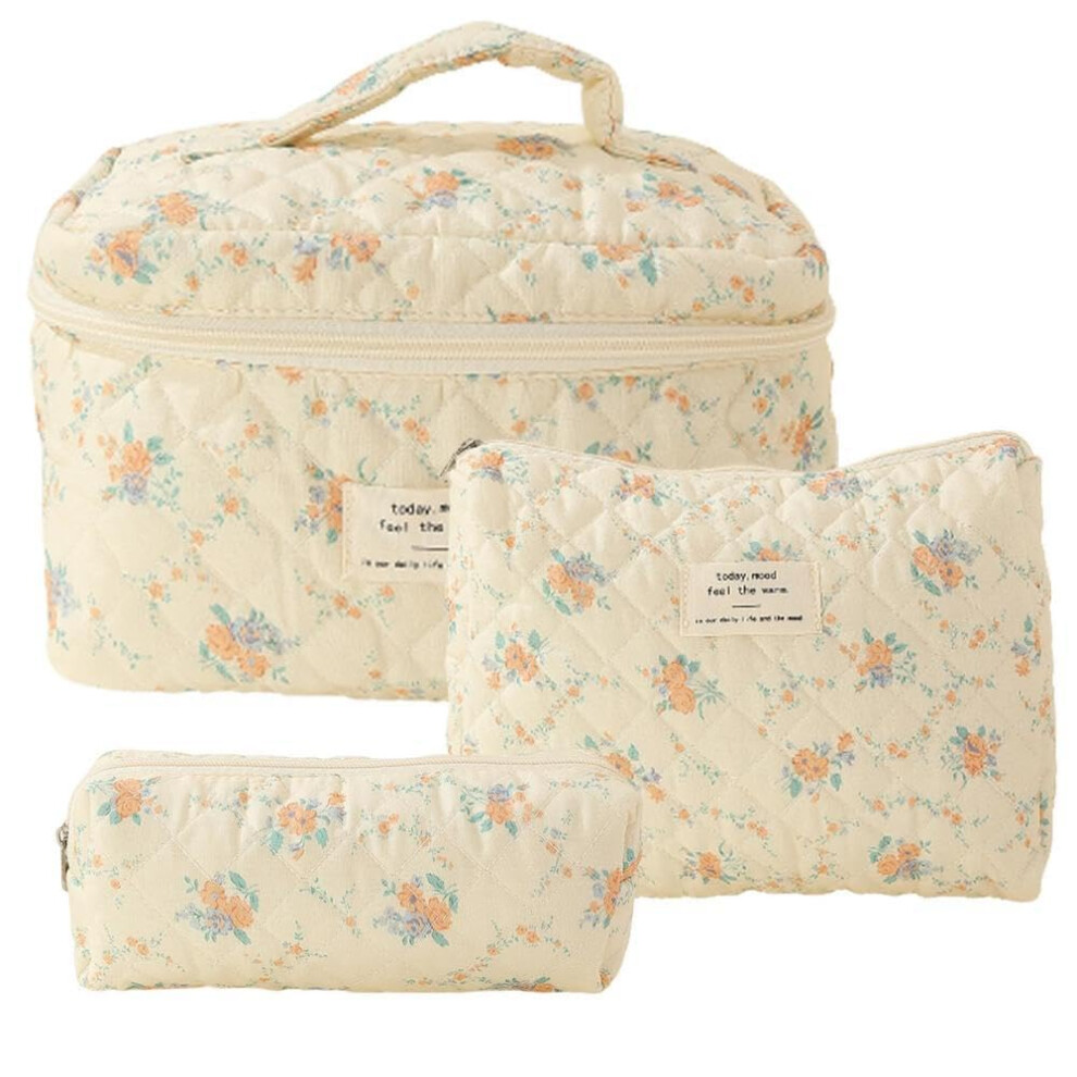 3Pack Quilted Cotton Toiletry Bags Portable Travel Cosmetic Bags Yellow Floral Pattern Set Of 3