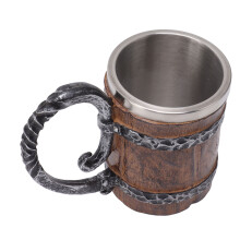 Bicchiere da birra Viking in acciaio inox doppia parete da 1,5L con manico in legno finto