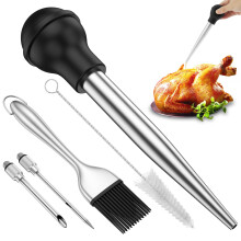 Stainless Steel Turkey Baster Injector Set with Silicone Bulb and Cleaning Brush for BBQ and Roasting