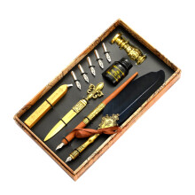 Quill Pen Calligraphy Set With Feather Dip Pen, Wood Dip Pen, 17 Nibs, Wax Seal Stamp & Holder, Black Ink, Navy Blue