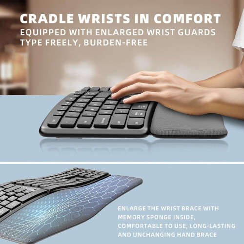 Wireless Ergonomic Keyboard with Wrist Rest, Bluetooth Split Design, USBC Rechargeable, Quiet Keys 1
