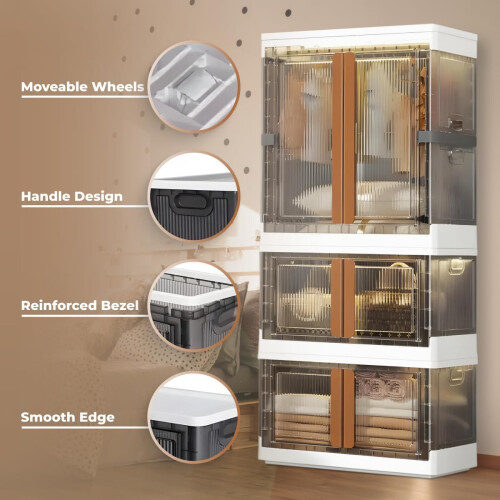 Plastic Storage Box with Doors, Large Collapsible Container, Stackable Design with Wheels for Closet Organization and Easy Mobility 1