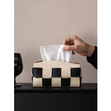 Tissue Box Cover PU Leather with Classic Chessboard Design, US Size Rectangular Holder for Living Room and Bathroom, White