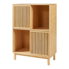 Bibliothèque - HELLOSHOP26 - 120x84x39 cm - Bambou Naturel - 2 Portes Coulissantes - 4 Compartiments