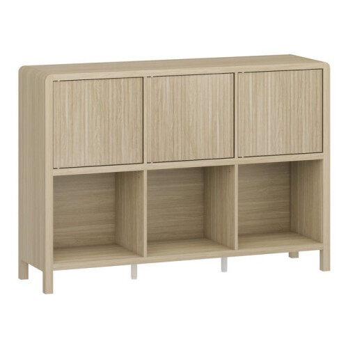 Commode - HELLOSHOP26 - Modèle intemporel - 3 compartiments ouverts - 3 compartiments fermés - Effet chêne