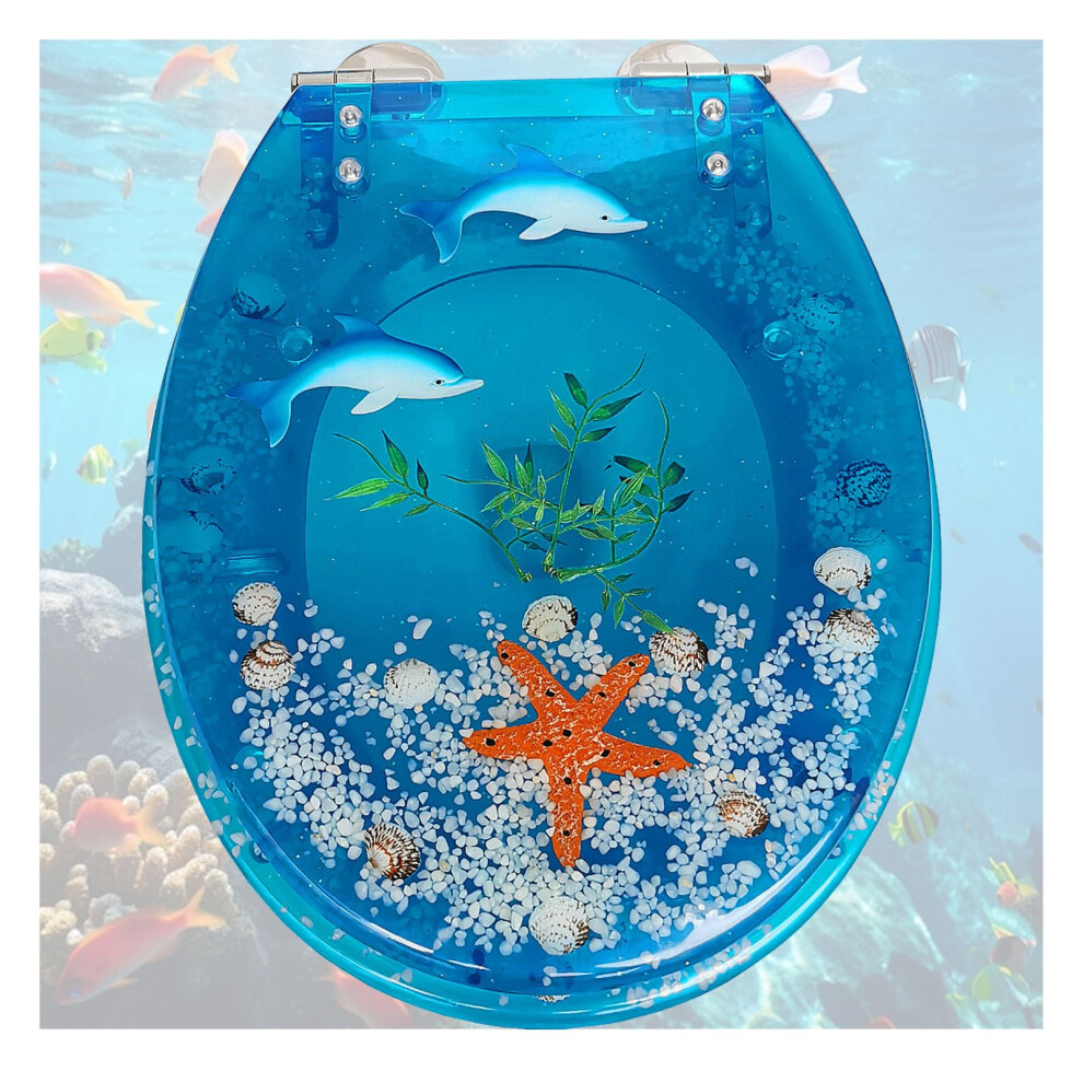 Soft Close Toilet Seat, Heavyduty Quickrelease, Longlasting Resin, Seahorseseashell Design, Blue Ocean B/Utype 9199774005999