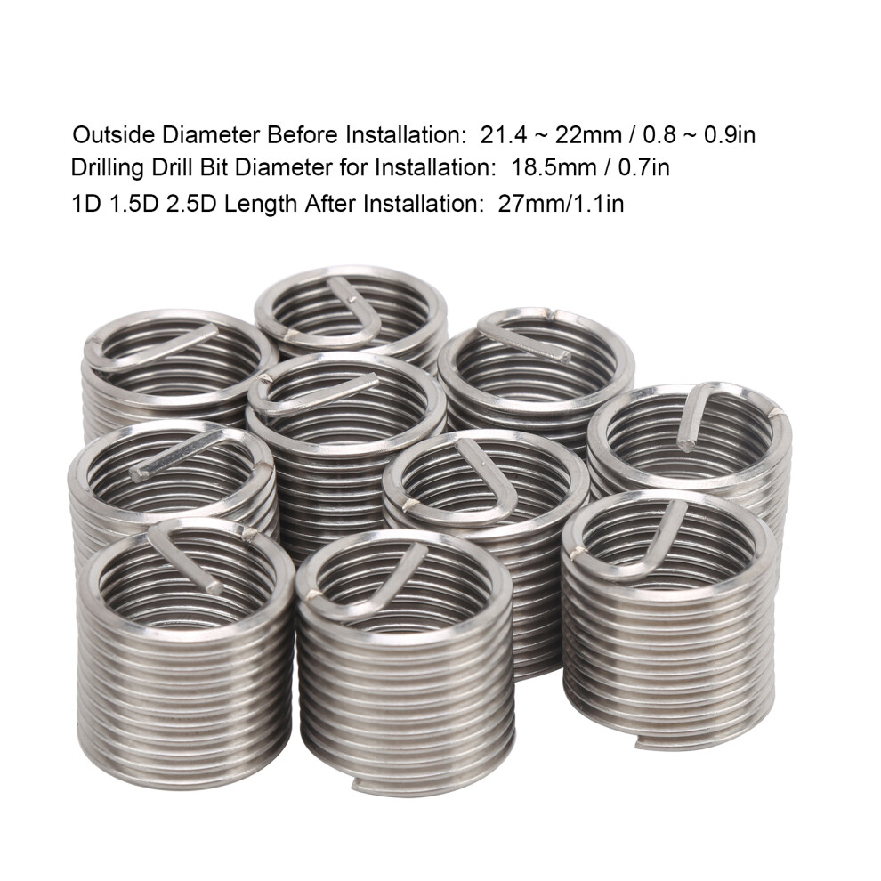 10Pcs M18 X 21.5 Steel Wire Thread Repair Inserts For Metal And Plastic 8451378960069