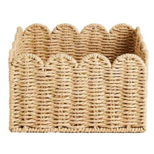 Wicker Storage Basket with Scalloped Edge, Handwoven Paper Rope Organizer for Shelves