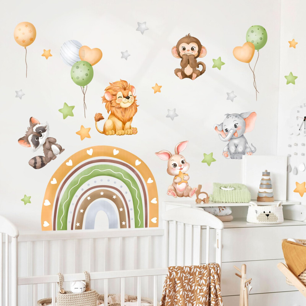 Cartoon Rainbow Animal Balloon Wall Stickers Lion Elephant Monkey Rabbit  SelfAdhesive Vinyl Wall Decals For Kids Rooms