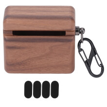 Træ-AirPods-etui til Apple AirPods, fuld kropsbeskyttende, stødsikkert træcover med karabinhage, kompatibel med trådløs opladning, naturligt
