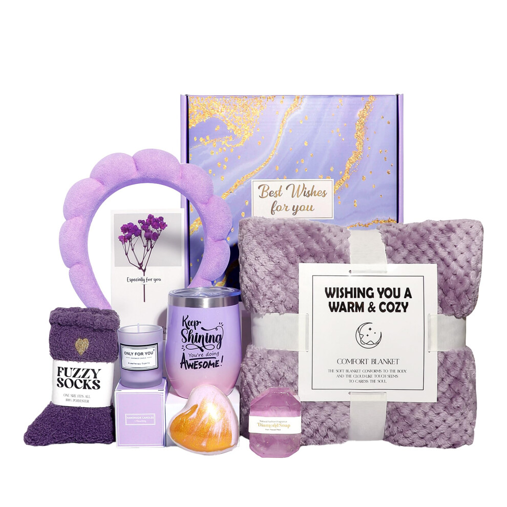 Spa Gift Basket for Women with Blanket Candle Socks and Bath Bomb â Luxury Self Care Gift Set for Mom