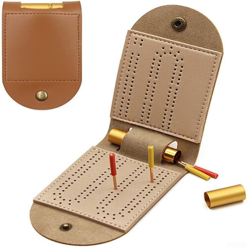 Travel Cribbage Board with  Leather, Compact Pocket Size, Unique TwoTrack Layout 2