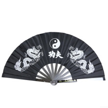 Stainless Steel Kung Fu Fan Black Martial Arts Performance Hand Fan with Silk Ribbon