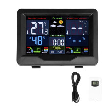 Binnen- en buitenthermometer en weerstation met atoomklok, barometrische drukmeter, draadloos kleurendisplay en vochtigheidsmeter voor thuisgebruik.