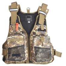 Life jacket for fishing with adjustable waistband, zipper, whistle, multiple pockets (red)