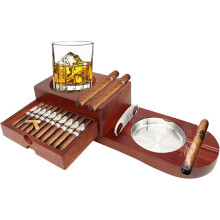 Cigar Ashtray with Whiskey Glass Holder, Wooden Ashtrays Featuring Built In Cigar Cutter and Storage Drawer, Detachable Metal Liner for Easy