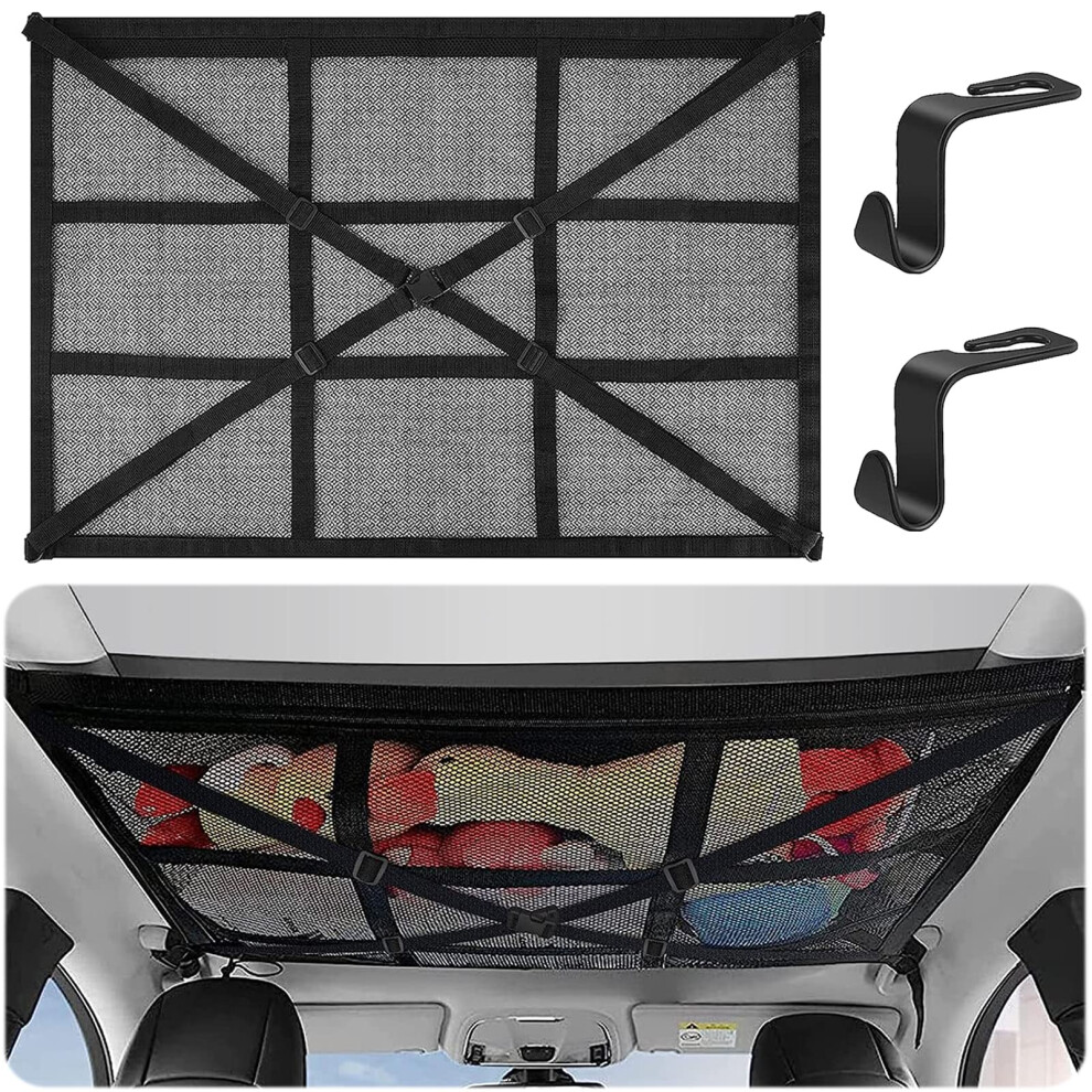 Car Ceiling Cargo Net With Large Capacity Doublelayer Mesh, Adjustable Straps, Universal Suv Roof Storage 9187378378793