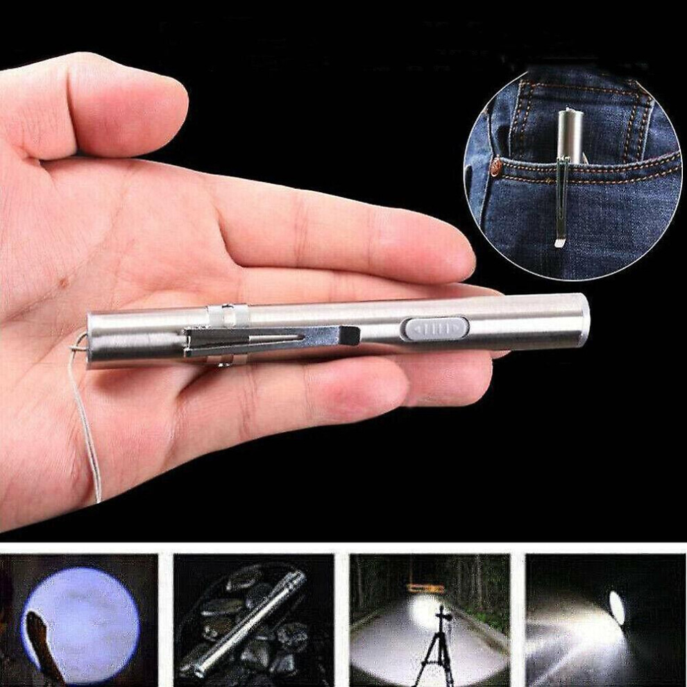 Led Flashlight, Clip-On Portable, 5V Charging Stainless Steel Pen-Shaped Torch 6901508043626