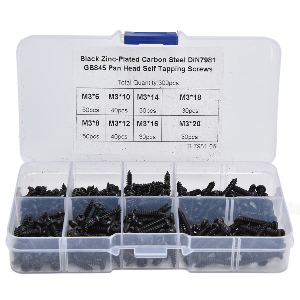 Self Tapping Screws 300Pcs M3 Black Carbon Steel Cross Pan Head 4931382372026