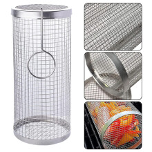 Rolling Grill Basket, Stainless Steel Smoke Net, Cylindrical with Fork 2Pcs 3010cm