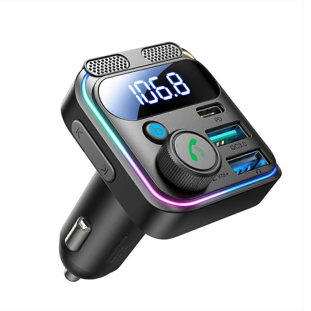Car Wireless Fm Transmitter Dual Microphone Bt5.3 48W Fast Charging Dual Device Colorful Led Light/Black 6901508056299