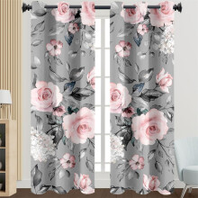 Grey Pink Flower Eyelet Curtains 2x140x180cm Energy Saving Noise Reduction Blackout Heat Insulation for Living Room and Bedroom