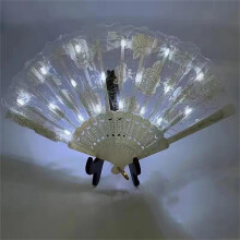 Light Up Folding Fan LED Retro White Wedding Prop, Dark Red Rose Accent, Dance Photo Prop
