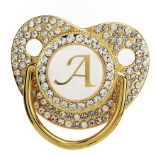 Baby Bling Schnullerkette in Gold mit Staubschutz und Buchstabe A für Neugeborene