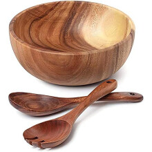 24cm Large Wooden Salad Bowl with Spoon, Handmade Natural Wood for Serving Fruit and Salad