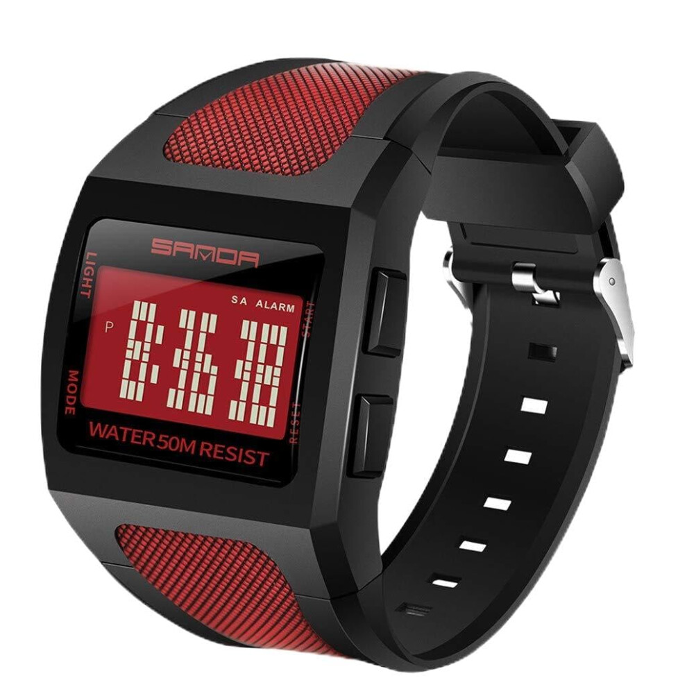 Led Function Wide Dial Monochrome Digital Electronic Wristwatch With Alarm One Size Red 9187378387474