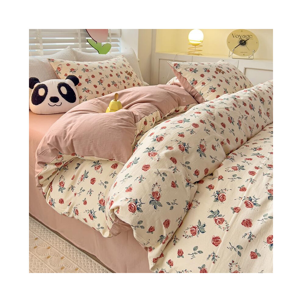 Double Duvet Set Pink Flowers Soft Microfiber Bedding With Zip Fastening