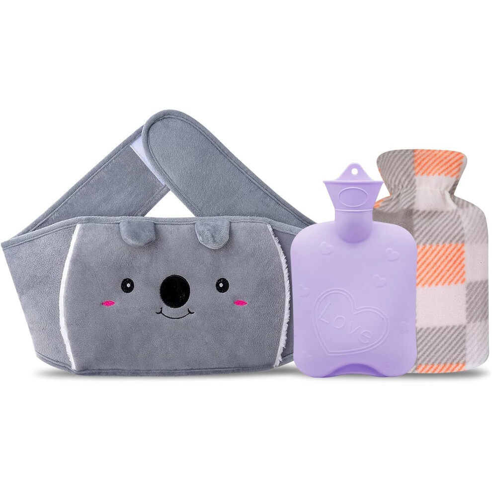 Gray Hot Water Bottle With Plush Waist Strap For Heat Therapy And Pain Relief, Rubber Bag