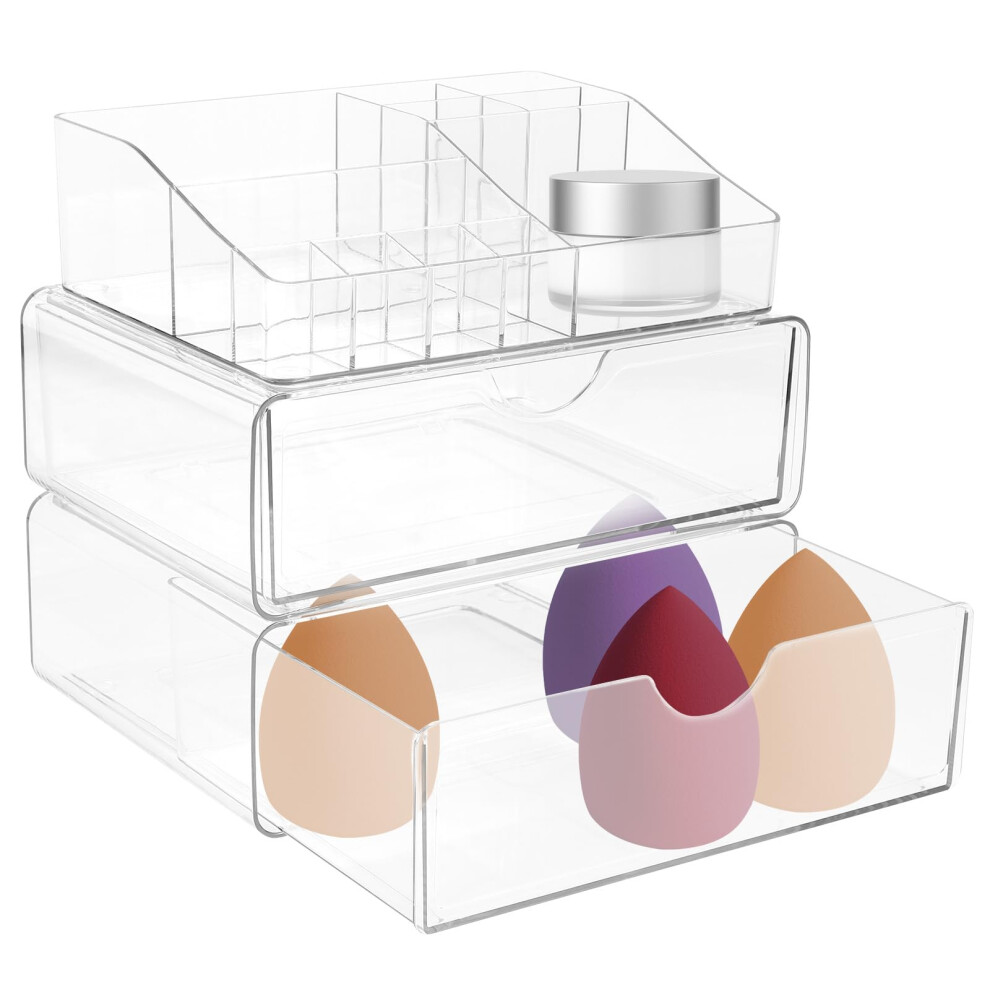 Makeup Organizer, Multifunctional with 2 Drawers, Sturdy Transparent, Stackable