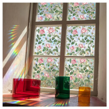 Flower Privacy Window Film Stained Glass Decals Floral Rainbow Clings NonAdhesive UV Proof Static Pink Flower
