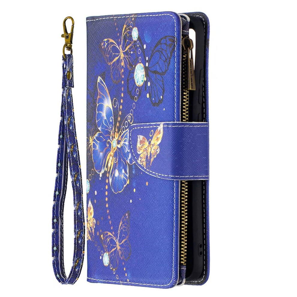 Pu Leather Wallet Case With Zipper And Magnetic Flip, Butterfly Design, Wrist Strap For Samsung Galaxy S24 9199774048774