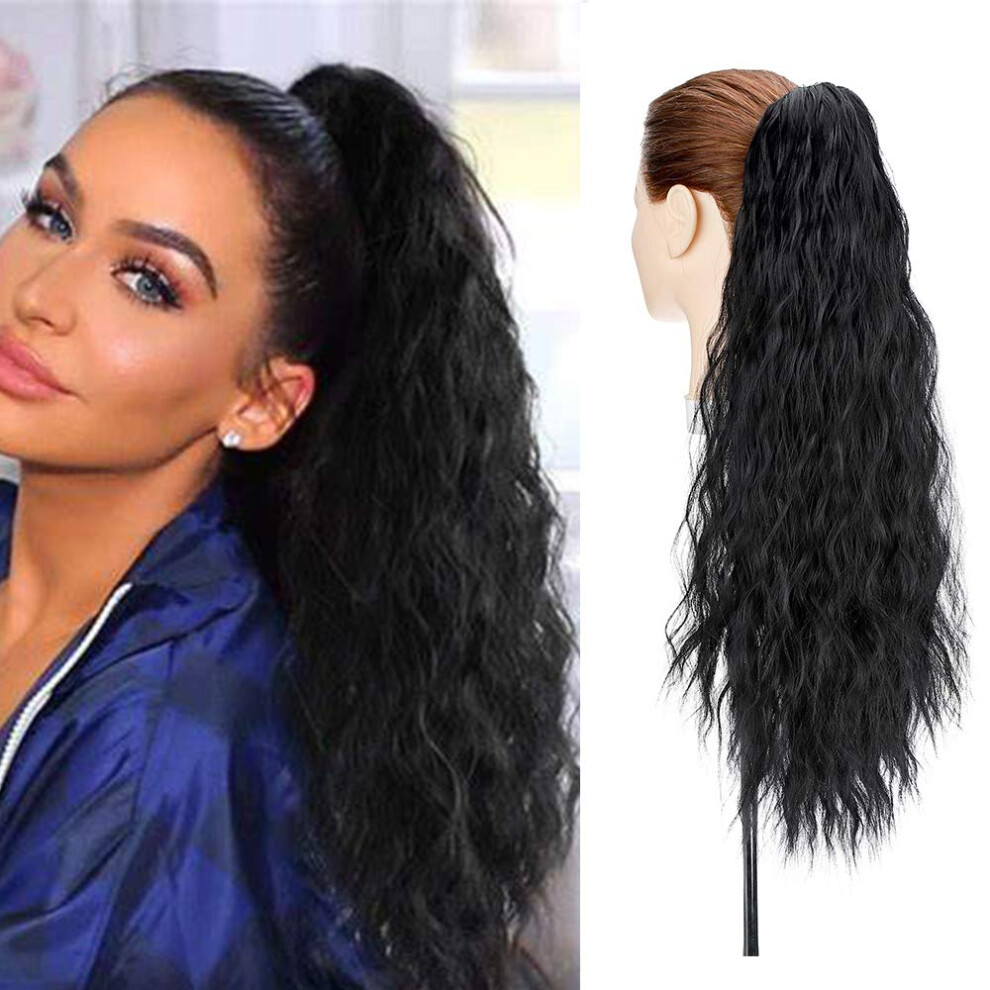 Unisex Black 24Inch Corn Wave Ponytail Extension Claw Clipon, Wavy Curly Hairpiece, Jet Pack Of 1