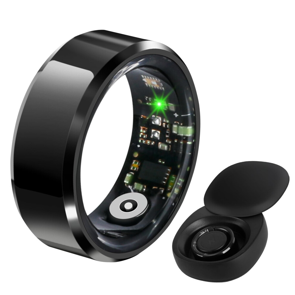 Black Smart Ring Heart Rate Monitor Blood Pressure Sleep Tracker Blood Oxygen Pedometer With Charging Case( 9 19.2Mm)