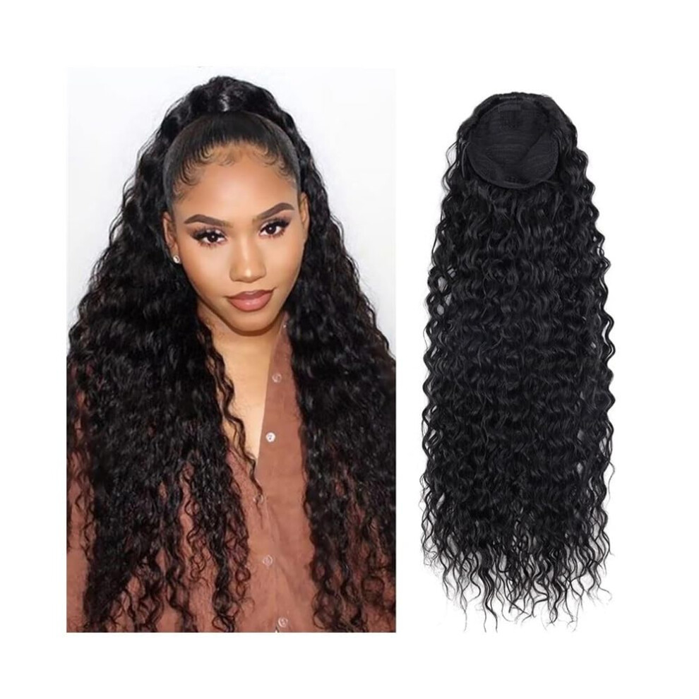 Unisex Black Human Hair Ponytail Extension 24 Inch Curly Drawstring Hairpiece Jet Brazilian Virgin Hair