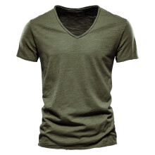 (F037-V-ArmyGreen, CN Size 5XL100-105kg) Men's Clothing Quality 100% Cotton Men T-shirt Classic Cut Design Slim Fit Soild Men's t-shirt