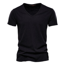 (F037-V-Black, CN Size 4XL 95-100kg) Men's Clothing Quality 100% Cotton Men T-shirt Classic Cut Design Slim Fit Soild Men's t-shirt