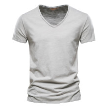 (F037-V-SilverGray, CN Size L 65-72kg) Men's Clothing Quality 100% Cotton Men T-shirt Classic Cut Design Slim Fit Soild Men's t-shirt