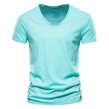 (F037-V-LightGreen, CN Size XXL 80-88kg) Men's Clothing Quality 100% Cotton Men T-shirt Classic Cut Design Slim Fit Soild Men's t-shirt