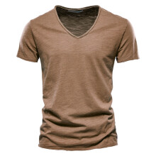 (F037-V-Camel, CN Size L 65-72kg) Men's Clothing Quality 100% Cotton Men T-shirt Classic Cut Design Slim Fit Soild Men's t-shirt
