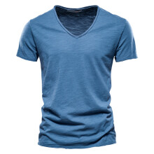 (F037-V-JeansBlue, CN Size 5XL100-105kg) Men's Clothing Quality 100% Cotton Men T-shirt Classic Cut Design Slim Fit Soild Men's t-shirt