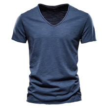 (F037-V-Navy, CN Size XL 72-80kg) Men's Clothing Quality 100% Cotton Men T-shirt Classic Cut Design Slim Fit Soild Men's t-shirt