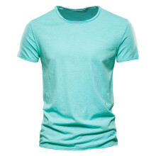 (F038-O-LightGreen, CN Size S 50-55kg) Men's Clothing Quality 100% Cotton Men T-shirt Classic Cut Design Slim Fit Soild Men's t-shirt
