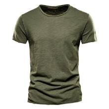 (F038-O-ArmyGreen, CN Size M 55-65kg) Men's Clothing Quality 100% Cotton Men T-shirt Classic Cut Design Slim Fit Soild Men's t-shirt