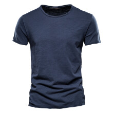(F038-O-Navy, CN Size M 55-65kg) Men's Clothing Quality 100% Cotton Men T-shirt Classic Cut Design Slim Fit Soild Men's t-shirt