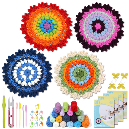 Crochet Kit for Beginners with Yarn and Hook, StepbyStep Video Tutorials, DIY Coaster Craft